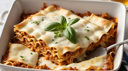 A detailed close-up of a container of creamy lasagna, with steam rising, and a tag reading 'Made with Love.'