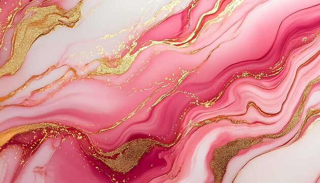 Fototapeta Abstract Pink Ink Flow with Golden Glitter Veins in Swirls, Elegant Art Texture