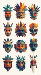 Obraz premium Colorful Tribal Masks Collection Displayed on a Light Background