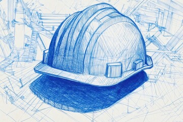 Detailed Sketch of a Blue Hard Hat on Construction Site Background