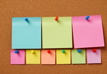 various colors sticky post notes with pushpin on cork board