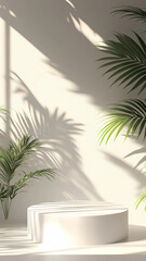 Obraz premium blank minimal white counter podium, soft beautiful dappled sunlight, tropical palm foliage leaf shadow on wall for luxury hygiene organic cosmetic, skincare, beauty treatment product background 3d