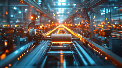 Fototapeta premium Close-up view of industrial looms weaving yarn in a modern textile factory, symbolizing precision, mass production, innovation, and the interconnectedness of technology and craftsmanship.
