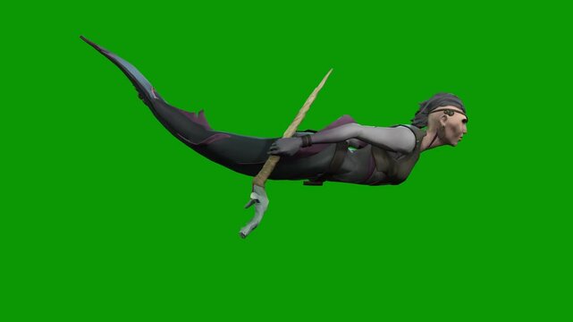 A female mermaid swimming scene from left 3D rendering animation on green screen