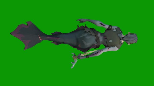A female mermaid swimming scene from sky 3D rendering animation on green screen
