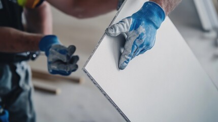A construction worker lifting a drywall sheet into place. Featuring teamwork and efficiency
