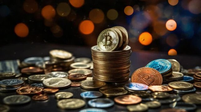 Bitcoin Stack on Coins: A stack of bitcoins sits atop a pile of various coins, set against a bokeh background. The image symbolizes cryptocurrency investment and financial growth.