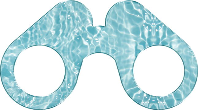 Aqua Glass Binoculars Icon – Vision Symbol for Exploration Travel Scouting and Zoom Tools in Translucent Blue Aqua UI with Glossy Water Reflection and Underwater Liquid Crystal Effects
