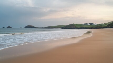 Obraz premium Gentle waves caress a golden beach on a cloudy Irish coast.