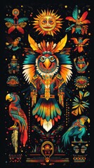 Fototapeta premium Vibrant Illustrated Artwork of Birds and Sun on Black Background