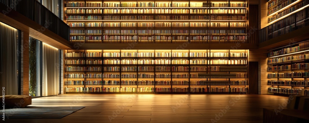 Poster books floating in the air on a library and shelf concept. a modern library interior filled with illu