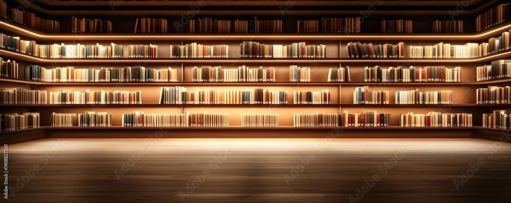 Poster Books floating in the air on a library and shelf concept. Elegant library shelves filled with diverse, illuminated books.