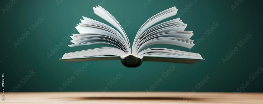 Poster books floating in the air with flying and education concept. an open book floating above a wooden su