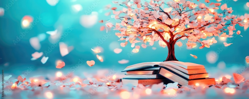 Poster books floating in the air with flying and education concept. a blooming tree atop open books amidst 
