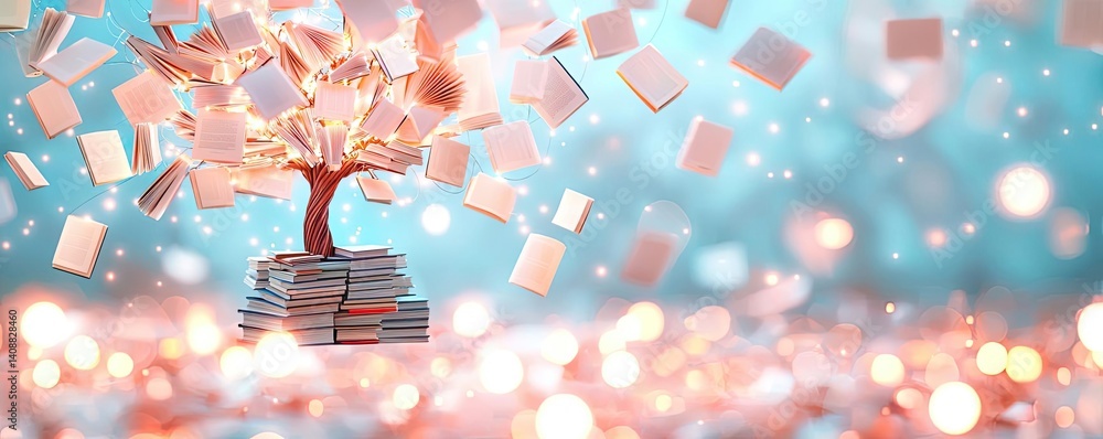 Poster books floating in the air with flying and education concept. a whimsical tree of knowledge made from