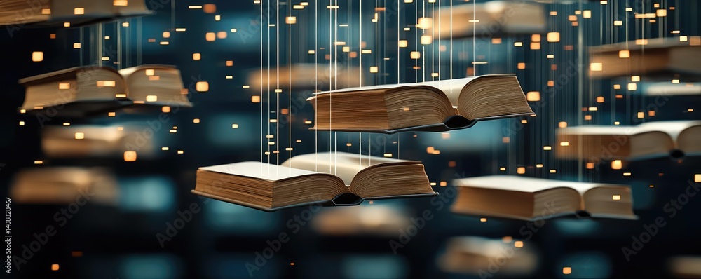 Poster books floating in the air with a focus on literature and cognition concept. floating books with glow