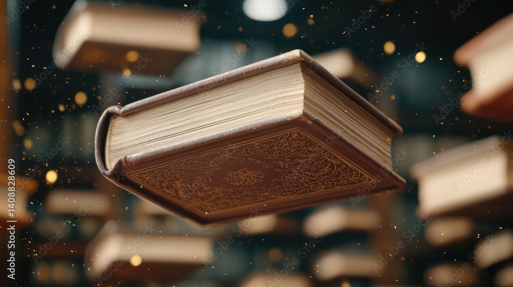 Poster Books floating in the air with flying and education concept. A floating book surrounded by magical particles in a library setting.