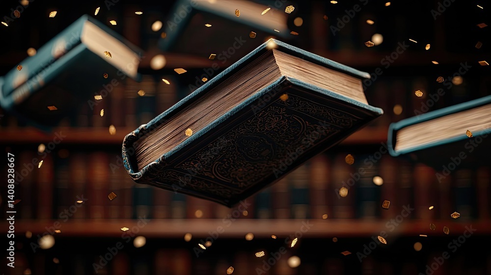 Poster books floating in the air with flying and education concept. floating books in a mystical library su