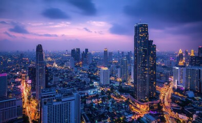 Obraz premium Bangkok's Skyline at Twilight: A Stunning Aerial View of the City's Glittering Lights and Skyscrapers