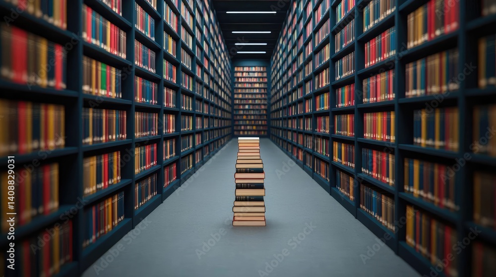 Aufkleber books floating in the air on a library and shelf concept. a narrow library aisle filled with towerin