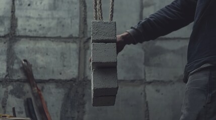 Fototapeta premium A construction worker lifting cement blocks into place. Featuring teamwork and strength