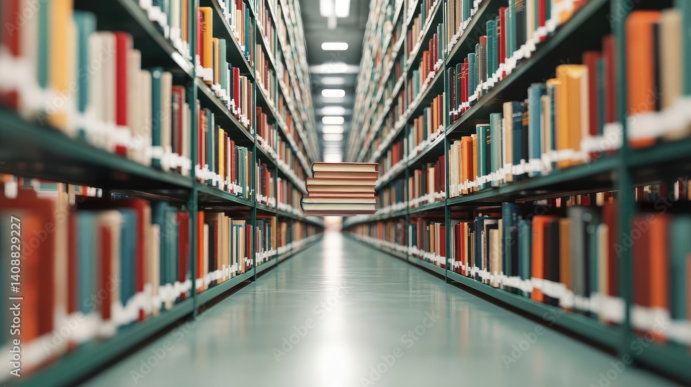 Poster books floating in the air on a library and shelf concept. a serene library view showcasing organized