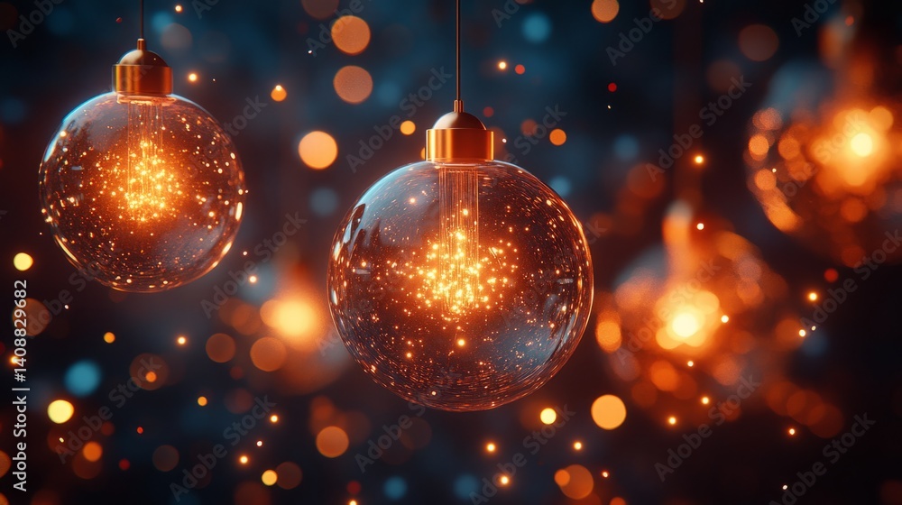 Poster glowing spherical light bulbs hanging with a backdrop of blurred warm bokeh lights creating an ambie