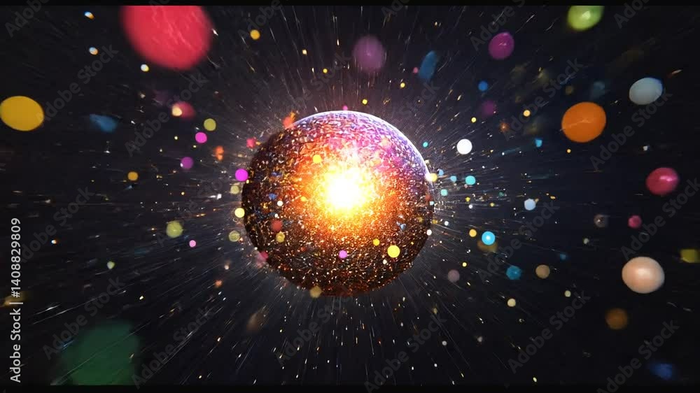 Poster abstract particle burst: dynamic motion of colorful spheres in space