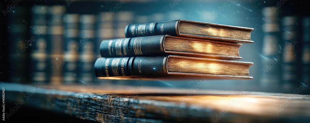 Poster books floating in the air with flying and education concept. a stack of ancient books glowing softly