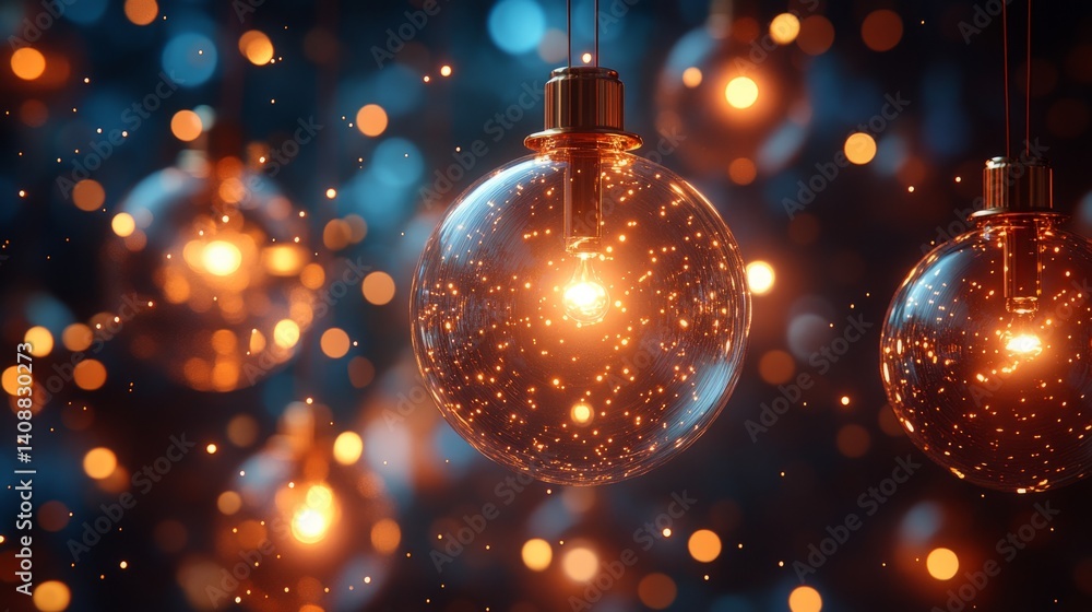 Aufkleber glowing spherical light bulbs hanging with a backdrop of blurred warm bokeh lights creating an ambie
