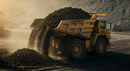 Yellow Mining Truck Loads Coal At Industrial Site
