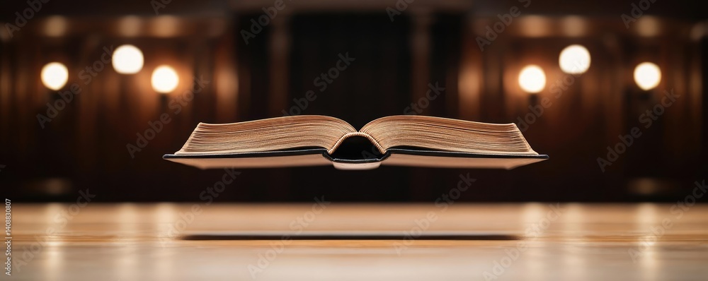 Poster books floating in the air with flying and education concept. an open book floating above a table in 