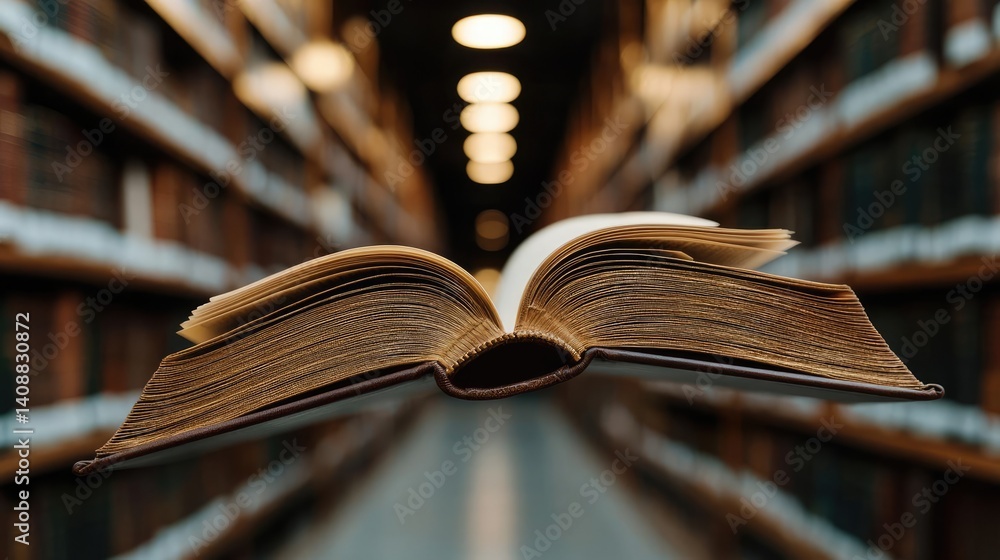 Poster books floating in the air on a library and shelf concept. an open book floating in a library filled 
