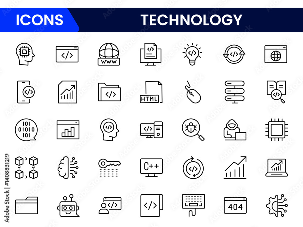 Poster vector illustration web line icon collection showcasing technology concepts ai, cloud computing, dev
