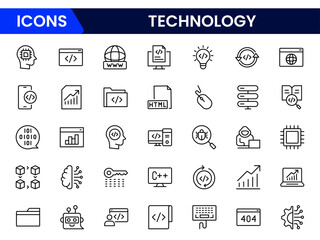 Vector illustration web line icon collection showcasing technology concepts AI, cloud computing, devices, innovation, coding, automation, connectivity, cybersecurity, big data, and futuristic digital 