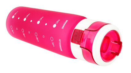 750ml chugger water drink bottle in matte pink with dosage guide markings isolated on a white...