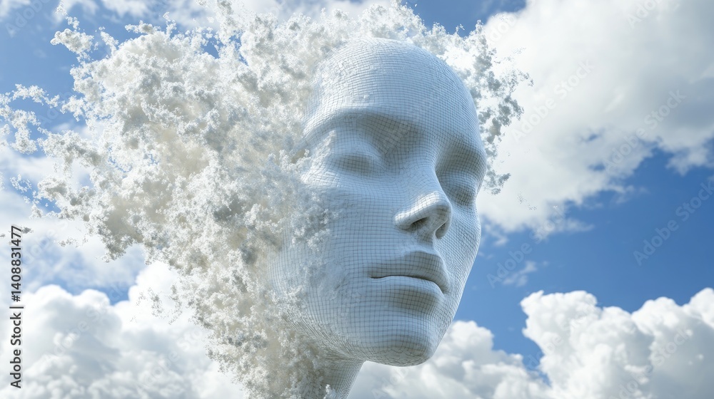 Poster d rendering of ai robot head connected to virtual cloud database