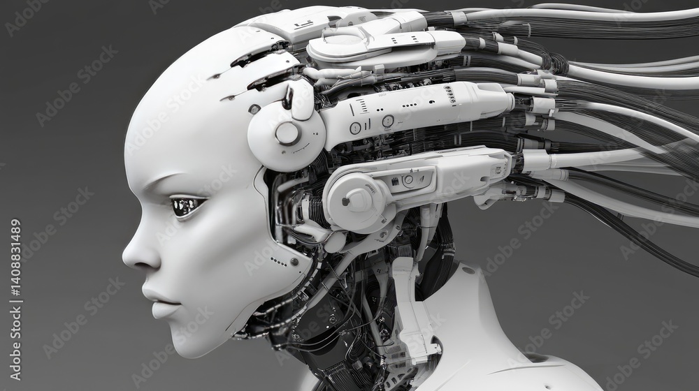 Poster d rendering of ai robot head connected to virtual cloud database