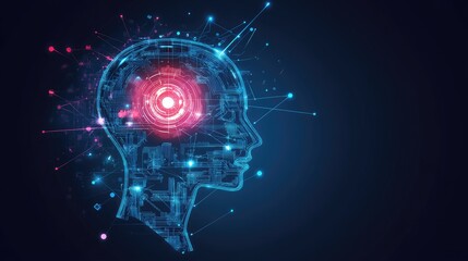 Obraz premium D hologram of robotic head surrounded by data streams and neural pulses