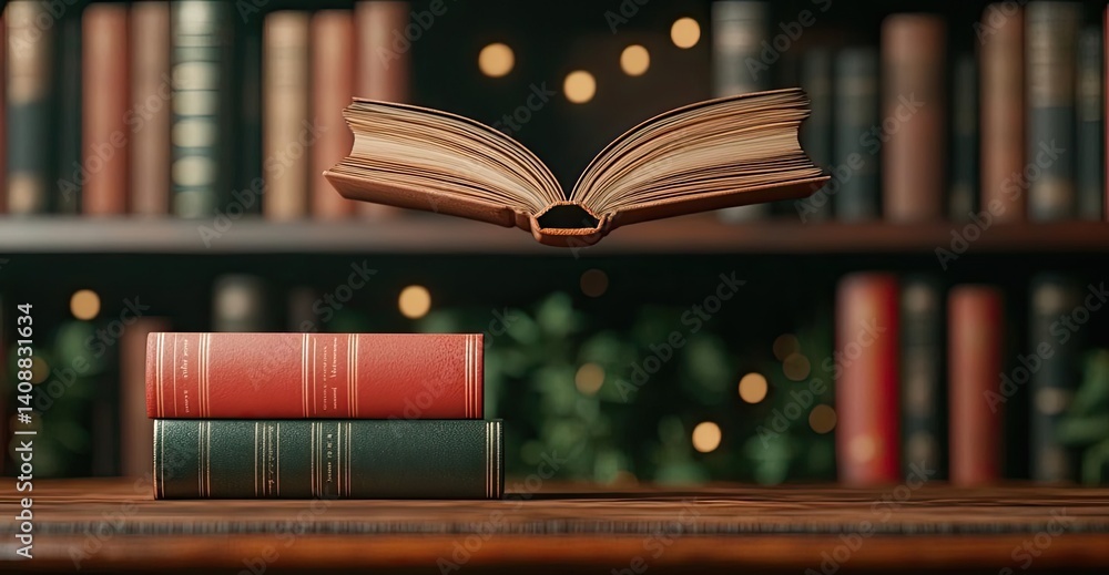 Poster books floating in the air with flying and education concept. an enchanting scene of floating books o
