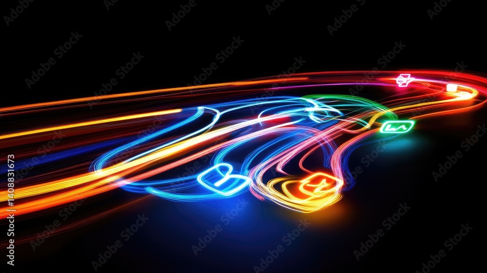 Poster abstract art with light trails forming connection lines between social app icons