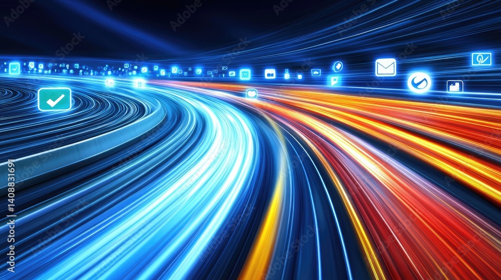 Poster abstract art with light trails forming connection lines between social app icons