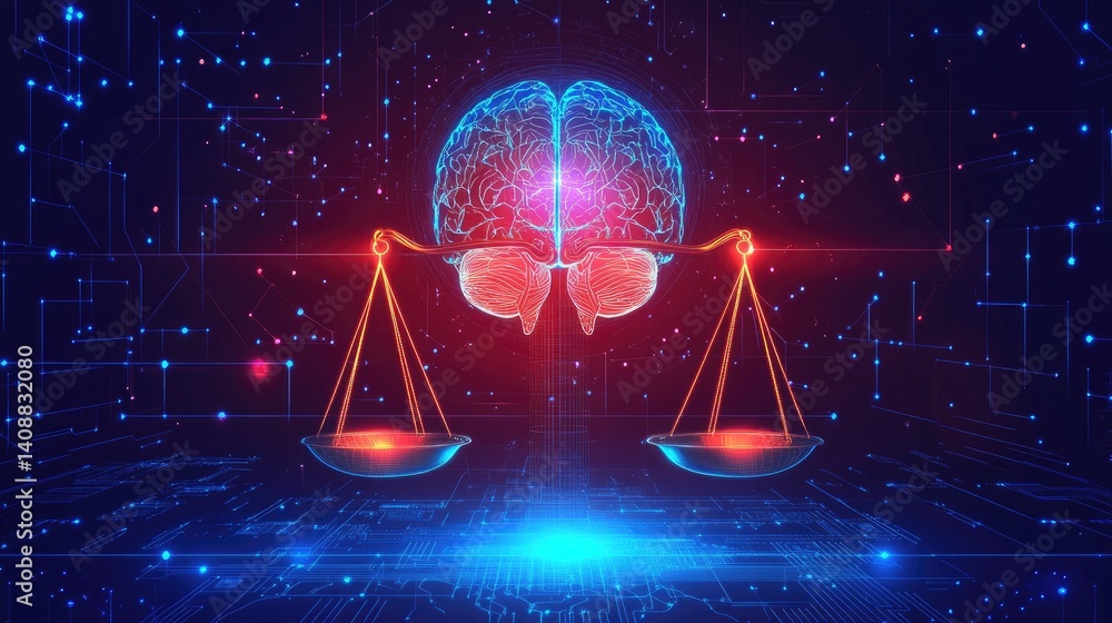 Poster abstract concept of ai ethics with digital balance scale and machine brain