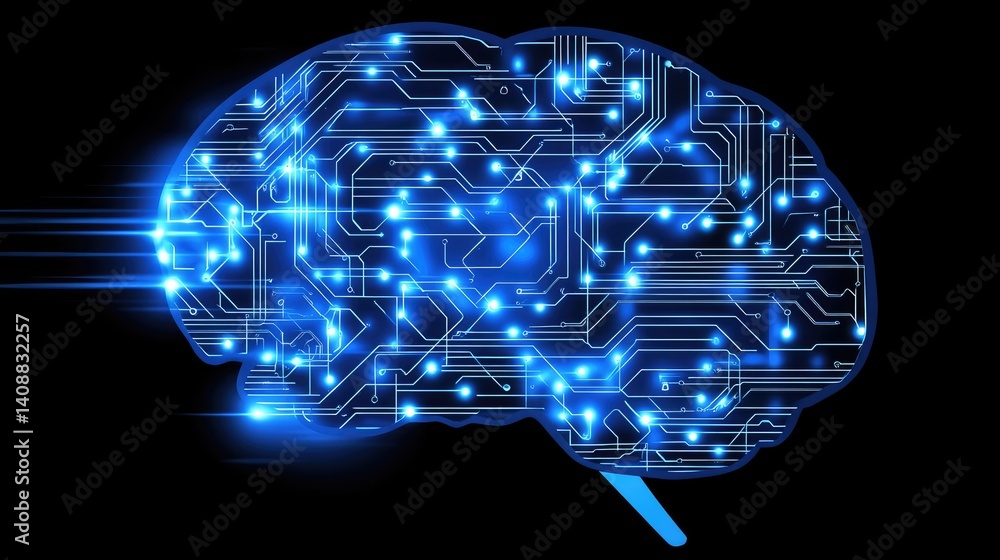 Poster abstract digital brain made of glowing circuits and data streams on dark tech background