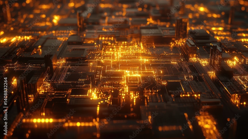 Poster abstract digital brain made of glowing circuits and data streams on dark tech background