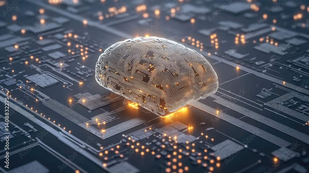 Poster abstract digital brain made of glowing circuits and data streams on dark tech background