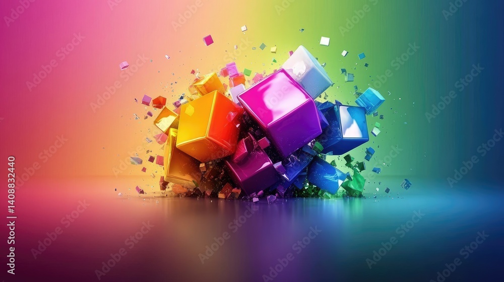 Poster abstract explosion of colorful geometric shapes on gradient surface