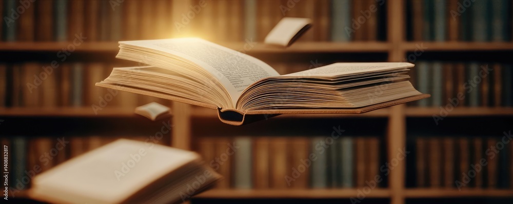 Poster books floating in the air with a focus on literature and cognition concept. a mesmerizing floating b