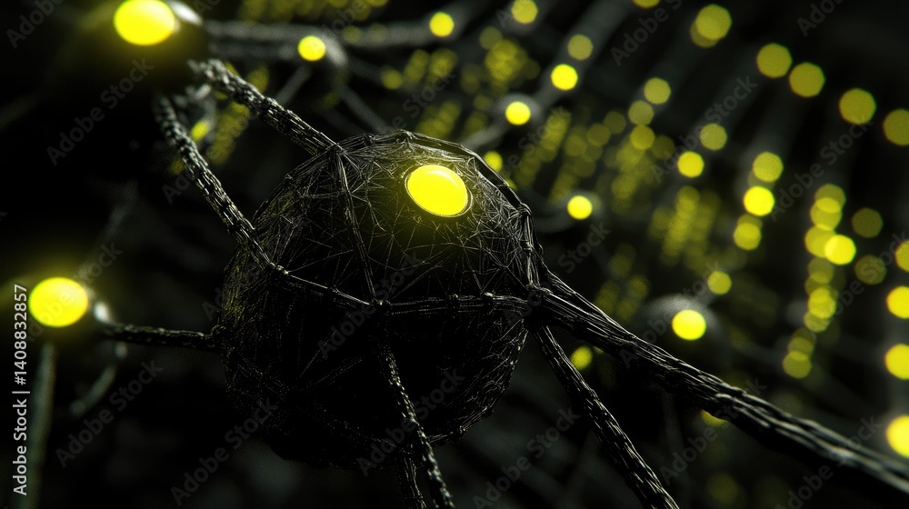 Poster abstract polygonal mesh with depth of field and glowing node points