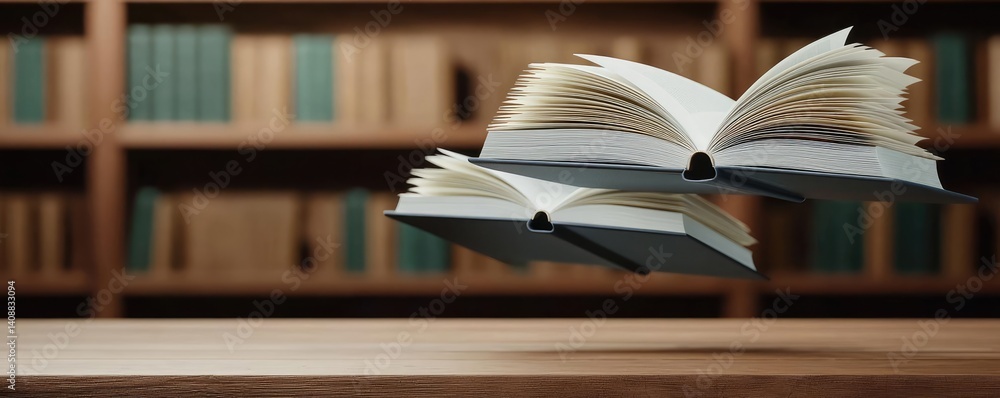 Poster books floating in the air on a library and shelf concept. floating books in a library showcasing kno